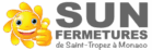Logo Sun Fermetures avec un soleil souriant donnant un pouce levé. Le texte indique "SUN FERMETURES de Saint-Tropez à Monaco".