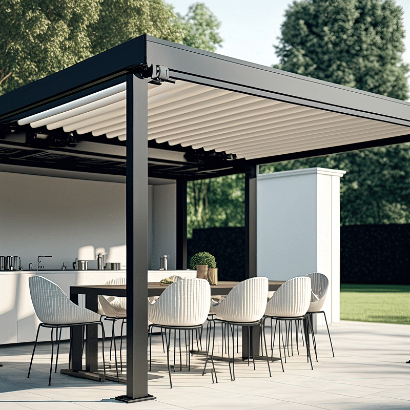 Pergola noire moderne avec toit rétractable blanc, abritant une salle à manger extérieure chic et une cuisine intégrée verdoyante.