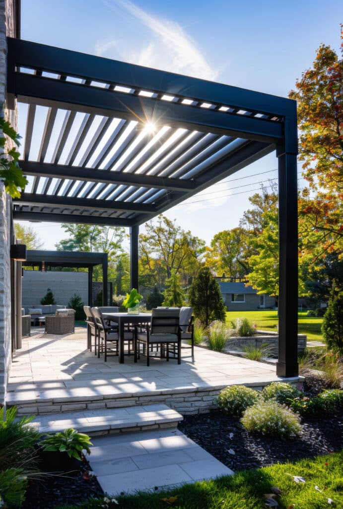 Pergola moderne noire sur une terrasse en pierre claire avec mobilier de salle à manger extérieur et arbres d'automne ensoleillés.