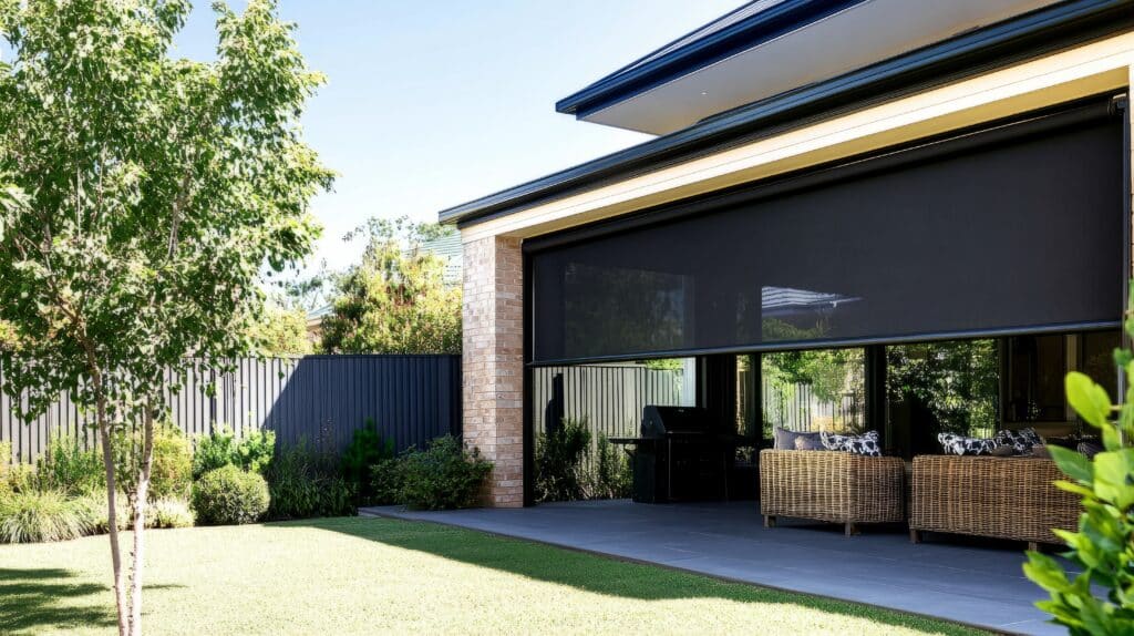 Store extérieur noir rétractable sur une terrasse moderne avec chaises en osier et grill. Jardin verdoyant et clôture grise.