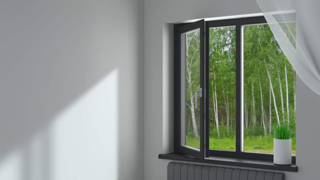 Intérieur lumineux avec mur gris, fenêtre ouverte sur une forêt de bouleaux verdoyants. Rayons de soleil sur le mur. Pot de plante sur le rebord.